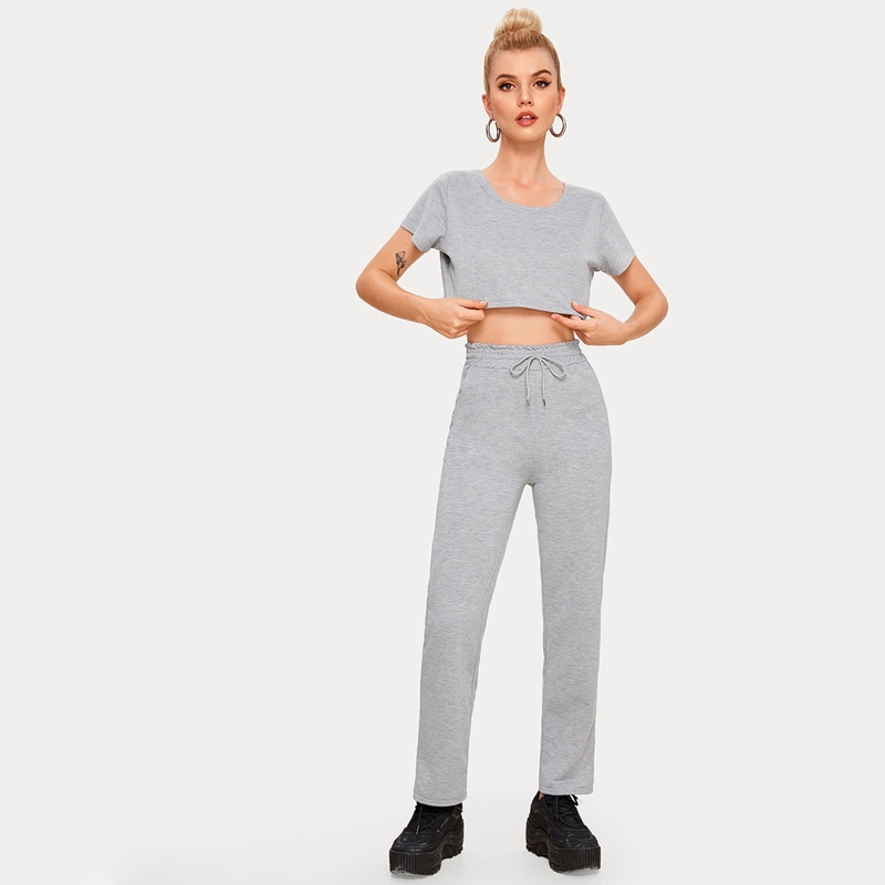 

Solid Crop Tee & Drawstring Waist Pants, Grey