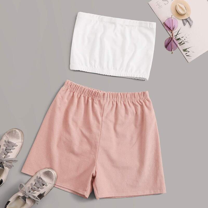 

Solid Tube Top & Elastic Waist Ribbed Shorts, Multicolor