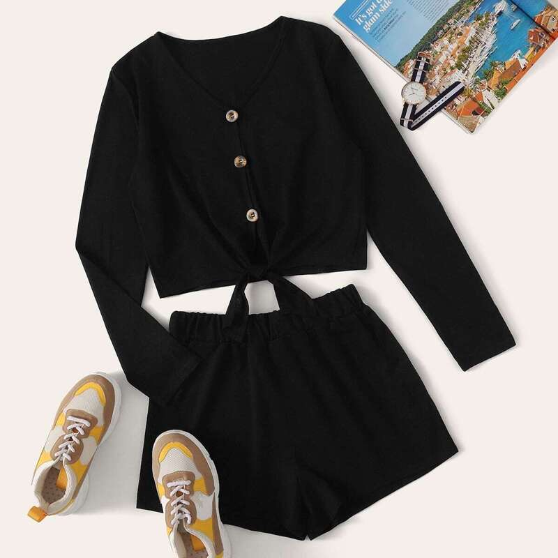 

Solid Button Through Knot Hem Tee & Shorts, Black
