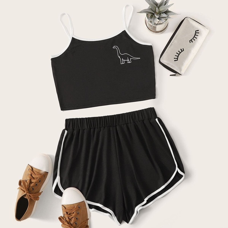 

Contrast Binding Dinosaur Print Cami Top & Track Shorts, Black