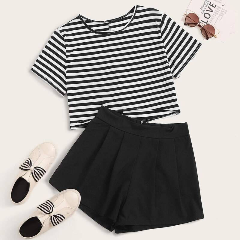 

Black And White Striped Tee & Zip Back Shorts