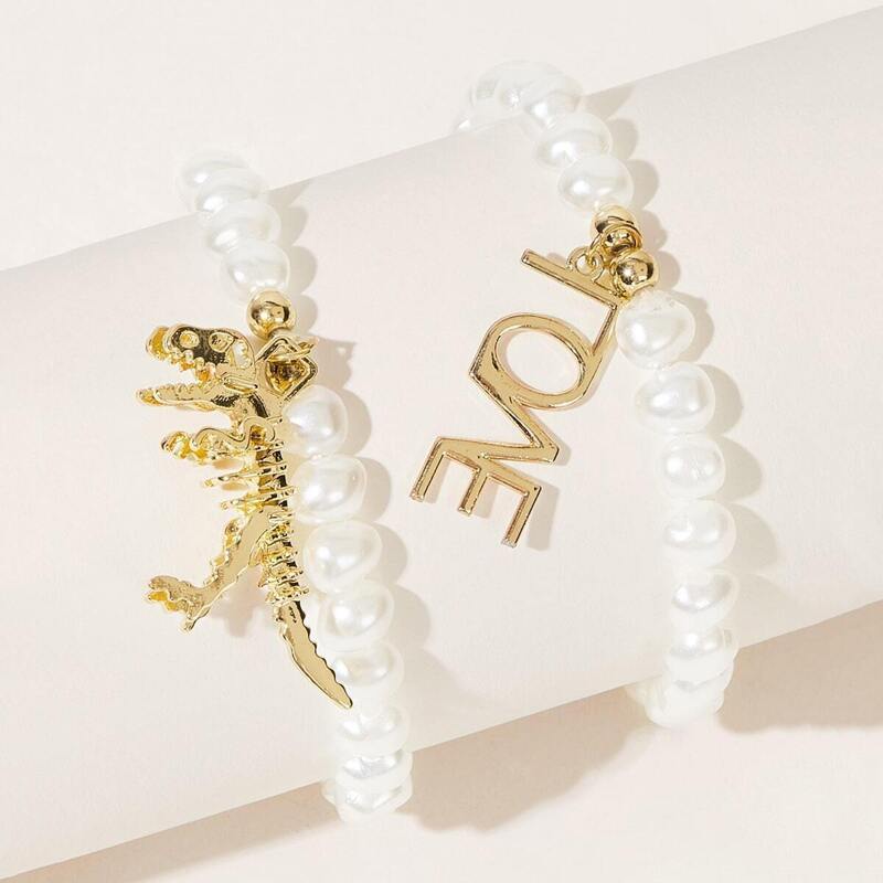 

Dinosaur & Letter Decor Faux Pearl Beaded Bracelet 2pcs, Gold