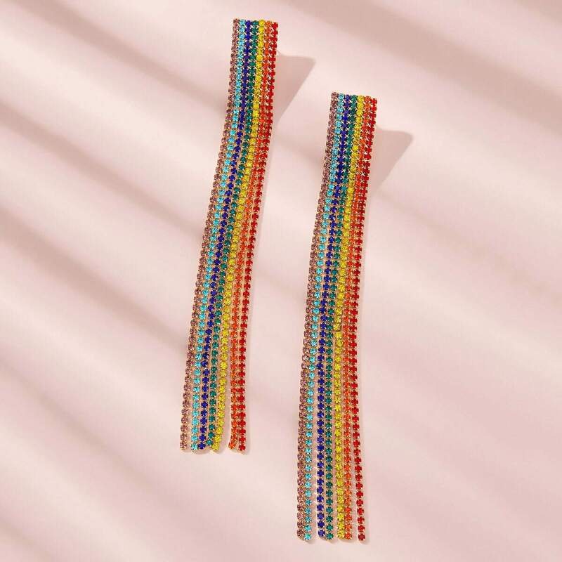 

Rainbow Striped Rhinestone Engraved Tassel Drop Earrings 1pair, Multicolor