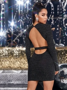 SHEIN 後低式閃亮包臀洋裝 - 黑色 - 查看 1