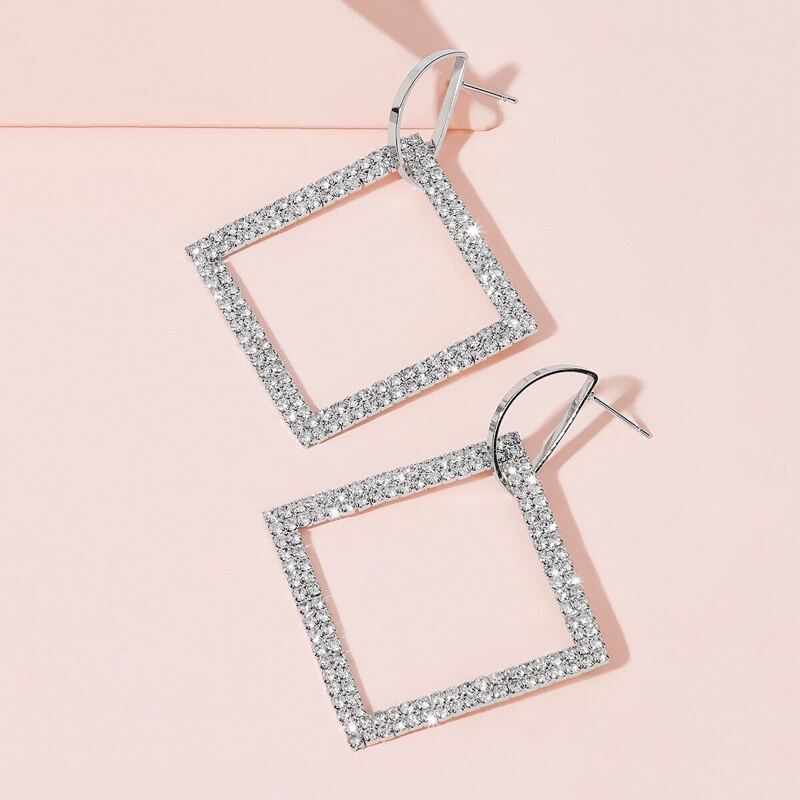 

Rhinestone Engraved Open Square Drop Earrings 1pair, Silver