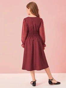 SHEIN 女孩雪紡袖紐扣打褶腰連衣裙 - 酒紅色 - 查看 2
