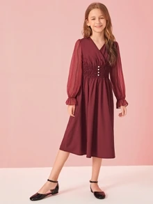 SHEIN 女孩雪紡袖紐扣打褶腰連衣裙 - 酒紅色 - 查看 3