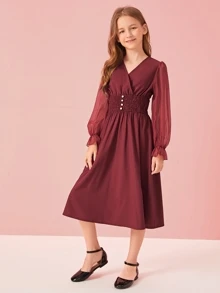 SHEIN 女孩雪紡袖紐扣打褶腰連衣裙 - 酒紅色 - 查看 4