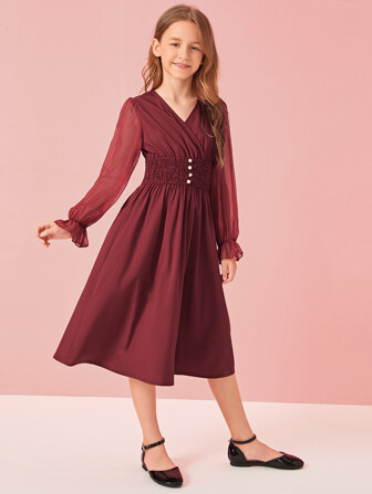 فستان بخصر مدرز مع أزرار وبأكمام شيفون للبنات