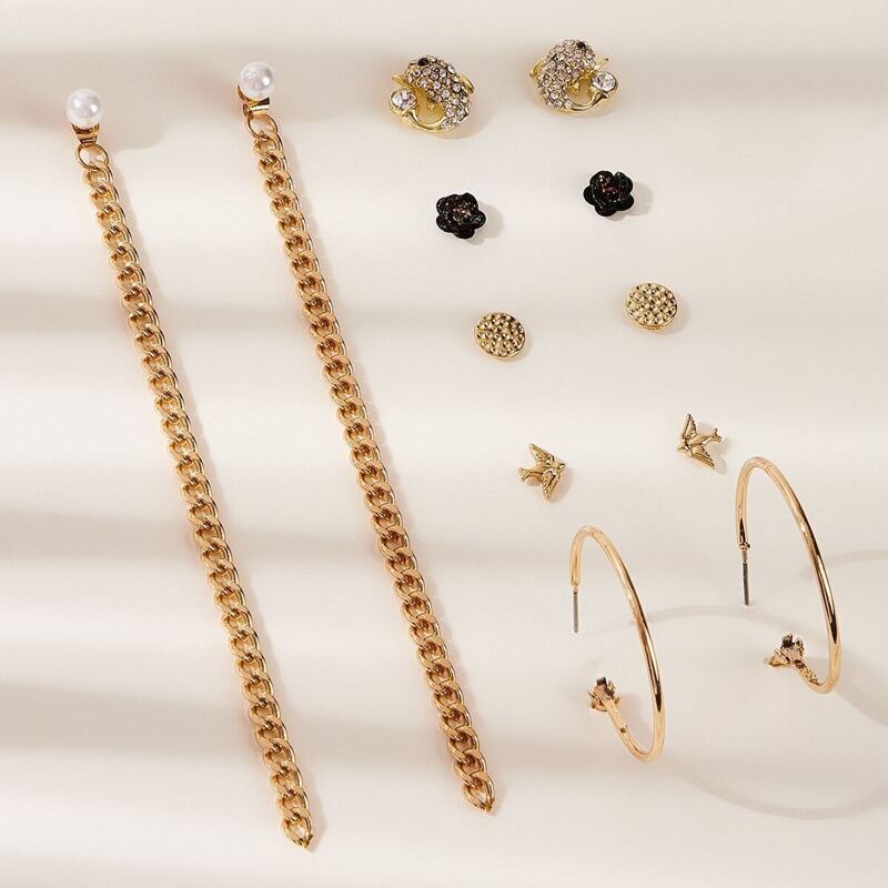 

Flower & Bird Decor Earrings 6pairs, Gold