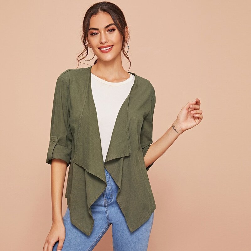 

Waterfall Collar Roll Tab Sleeve Jacket, Army green