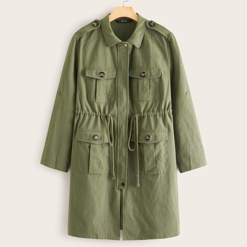 

Pocket Patch Drawstring Waist Split Hem Coat, Army green