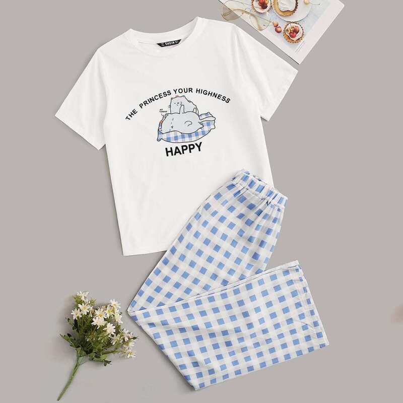 

Slogan and Cartoon Graphic Top & Plaid Pants PJ Set, Multicolor