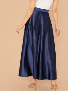Modelyn Lettuce Hem Solid Satin Skirt - Navy Blue - View 2