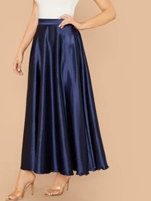 Modelyn Lettuce Hem Solid Satin Skirt - Navy Blue - View 3