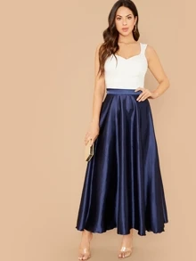 Modelyn Lettuce Hem Solid Satin Skirt - Navy Blue - View 5
