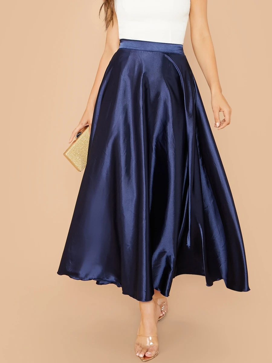 Modelyn Lettuce Hem Solid Satin Skirt - Navy Blue - View 1