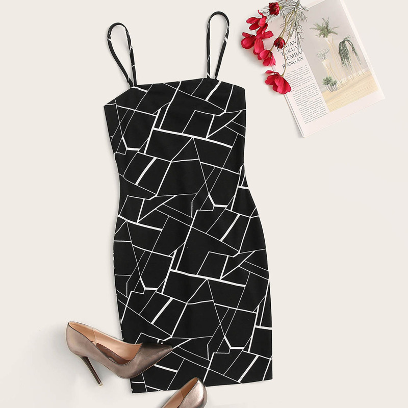 

Geometric Print Cami Dress, Black