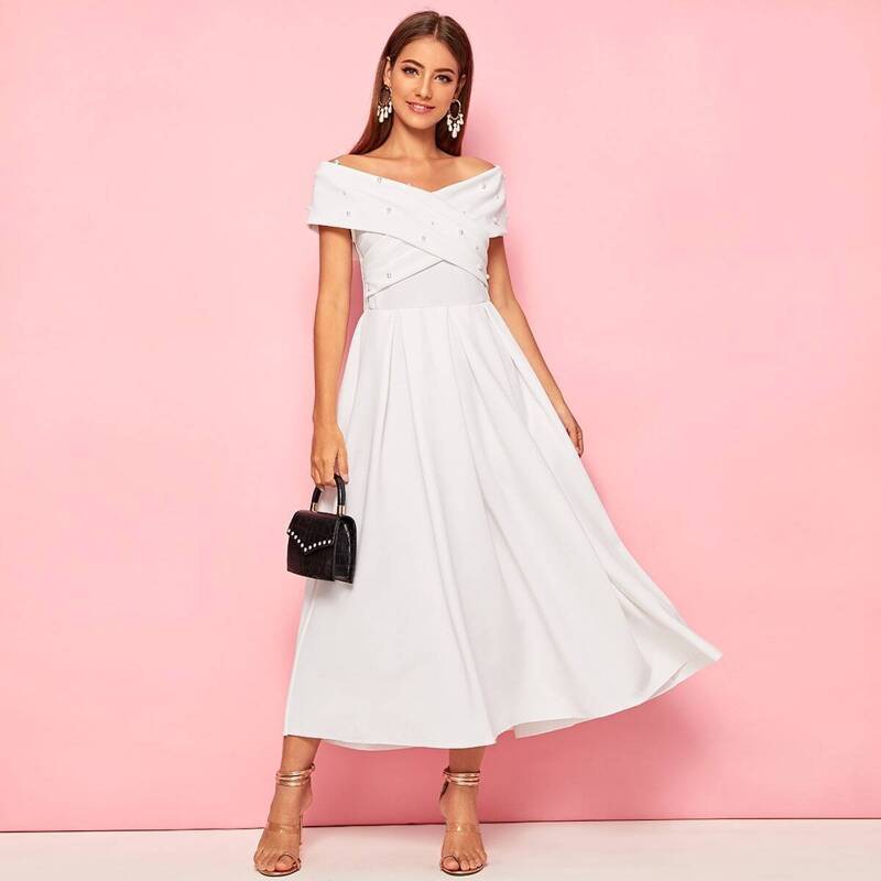 

Pearls Beaded Crisscross Front Boxy Pleated Dress, White