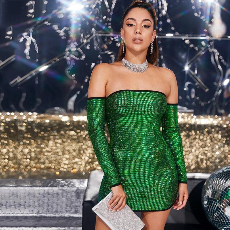 

Off Shoulder Bodycon Sequin Dress, Green bright