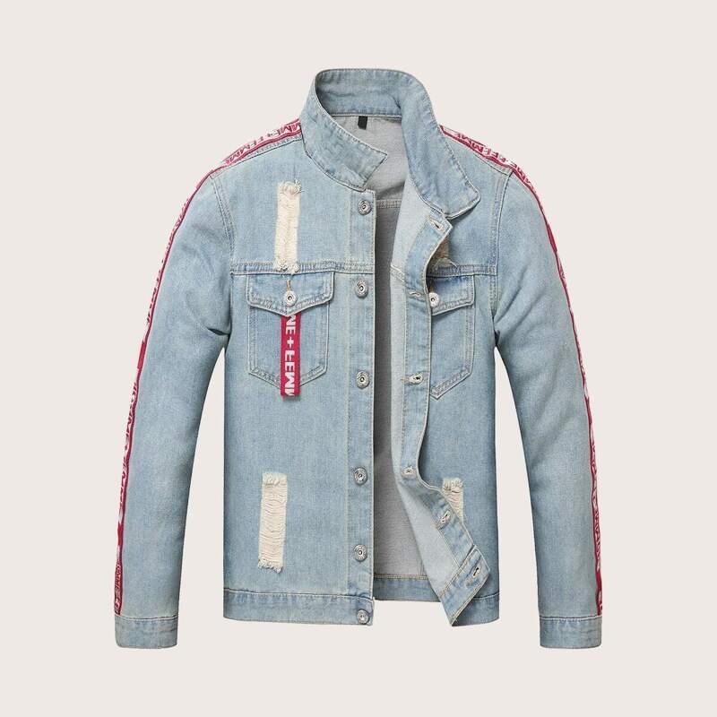

Guys Light Wash Ripped Patched Denim Jacket, Blue