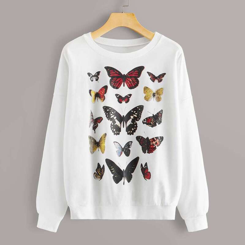 

Drop Shoulder Butterfly Print Sweatshirt, White