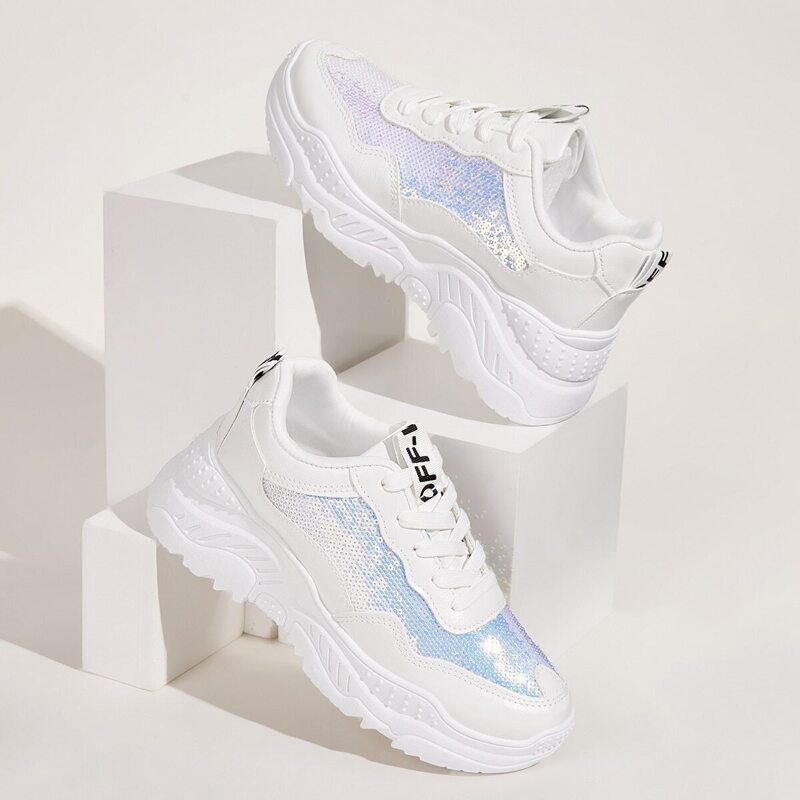 

Contrast Sequins Decor Chunky Sole Trainers, White