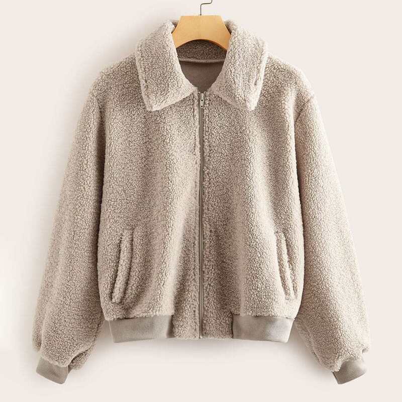 

Zip Up Solid Teddy Jacket, Khaki