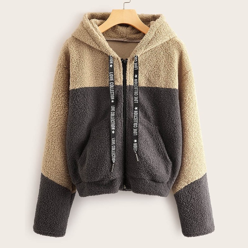 

Two Tone Letter Tape Hooded Teddy Jacket, Multicolor