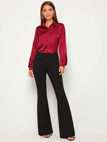 EMERY ROSE Solid Button Front Satin Shirt - Burgundy - View 3
