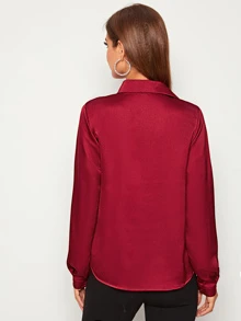 EMERY ROSE Solid Button Front Satin Shirt - Burgundy - View 2