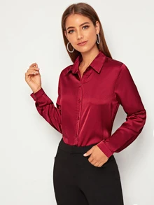 EMERY ROSE Solid Button Front Satin Shirt - Burgundy - View 4