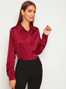 EMERY ROSE Solid Button Front Satin Shirt - Burgundy - View 5