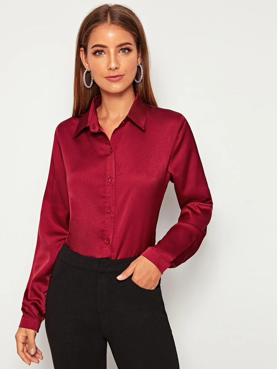 EMERY ROSE Solid Button Front Satin Shirt - Burgundy - View 1