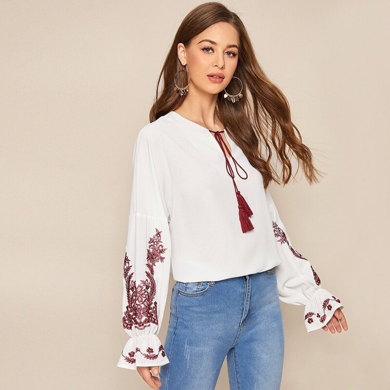 

Floral Embroidery Tassel Tie Peasant Blouse, White