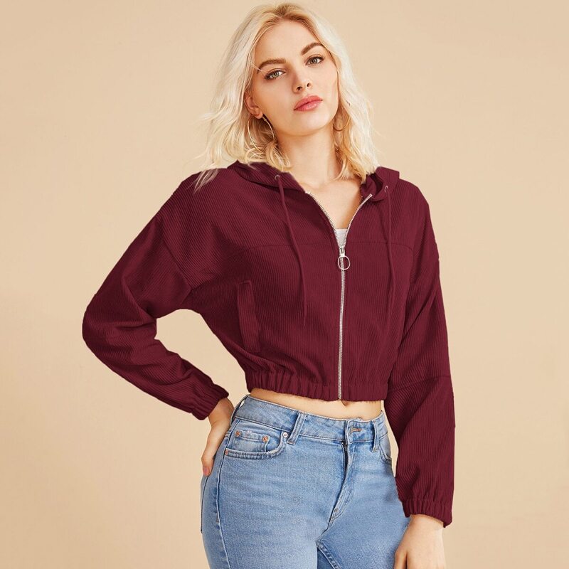 

O-ring Zip Front Hooded Crop Corduroy Jacket, Burgundy