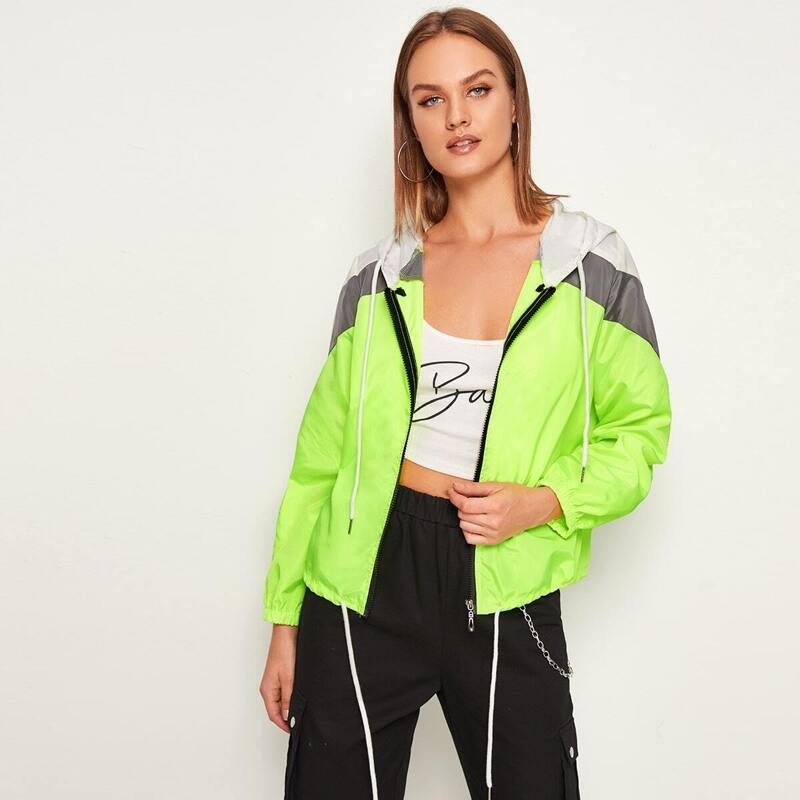 

Neon Lime Contrast Panel Drawstring Windbreaker Jacket, Green bright