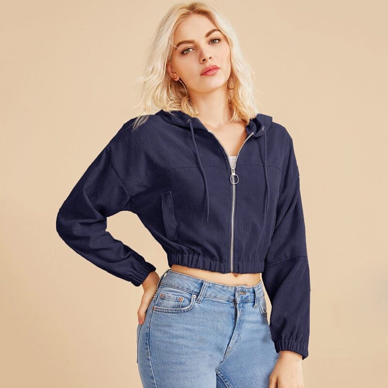 

O-ring Zip Front Hooded Crop Corduroy Jacket, Navy