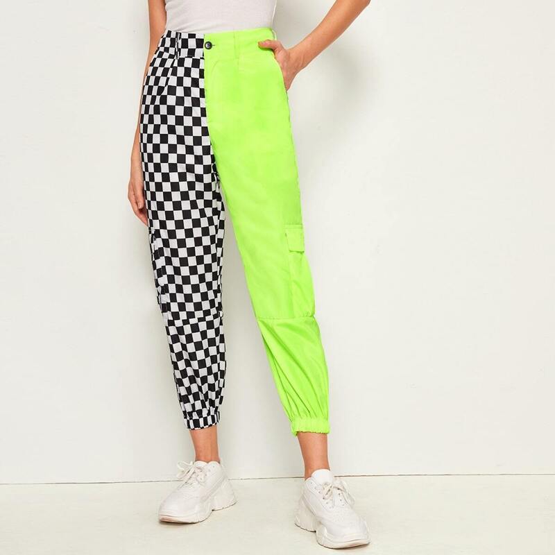 

Two Tone Checkered Windbreaker Pants, Multicolor