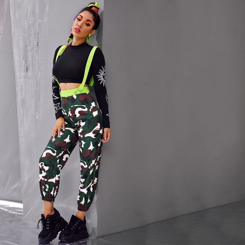 

Camo Print Contrast Panel Suspender Pants, Multicolor