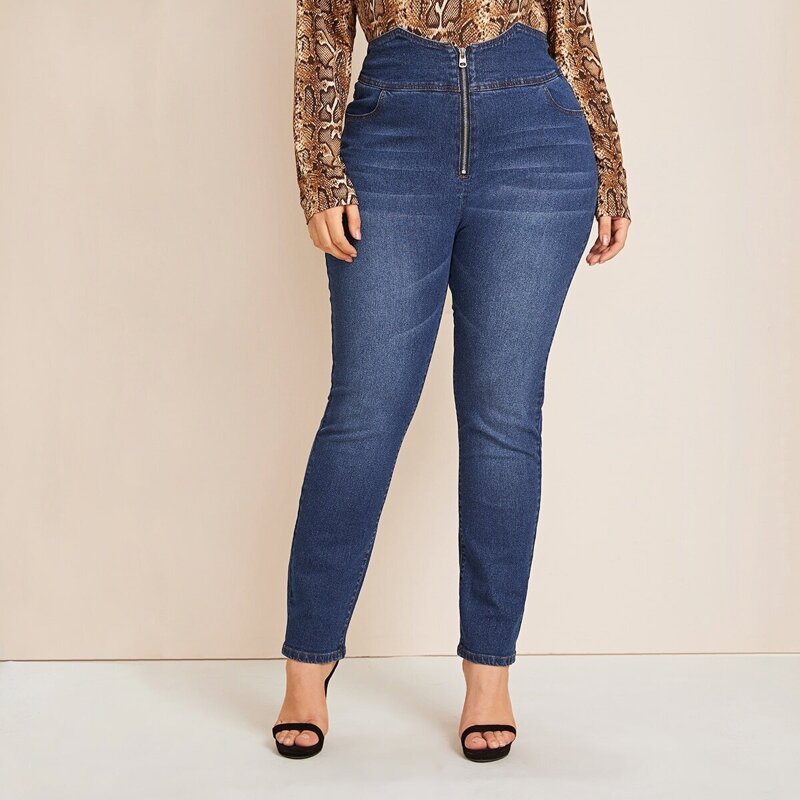 

Plus High Waist Zip Up Skinny Jeans, Blue