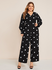 Plus Polka Dot Keyhole Back Lantern Sleeve Jumpsuit
