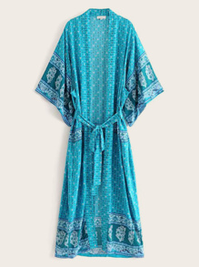 Allover Goat Print Belted Longline Kimono