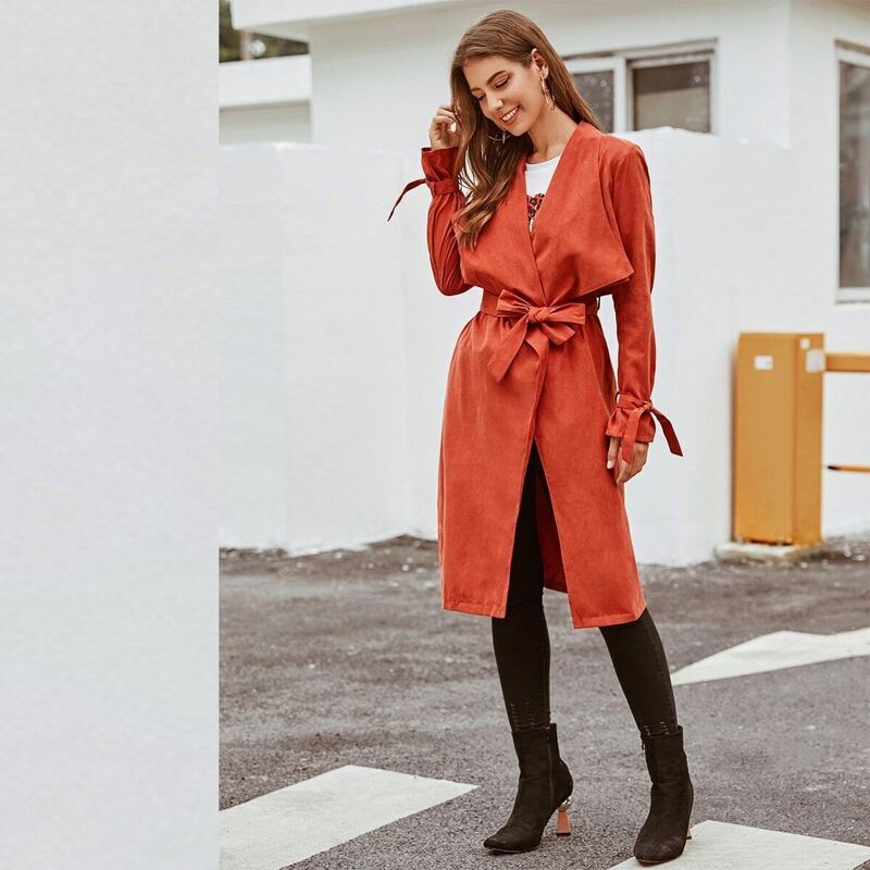 Waterfall Collar Tie Sleeve Belted Trench Coat, Orange
