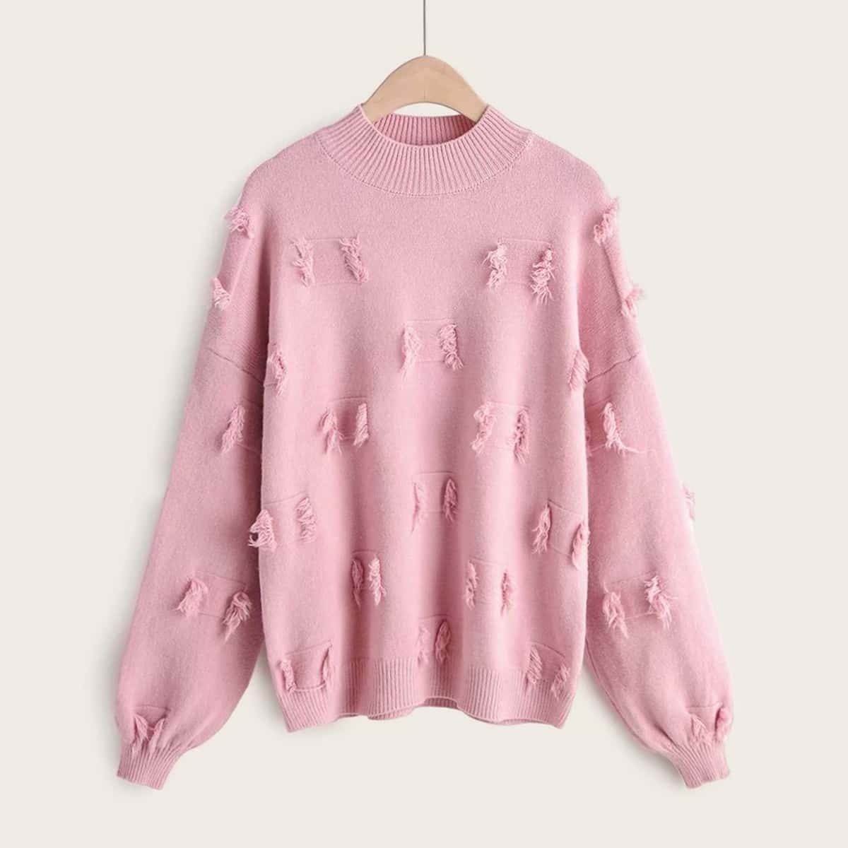 

Solid Frayed Trim Drop Shoulder Sweater, Pink