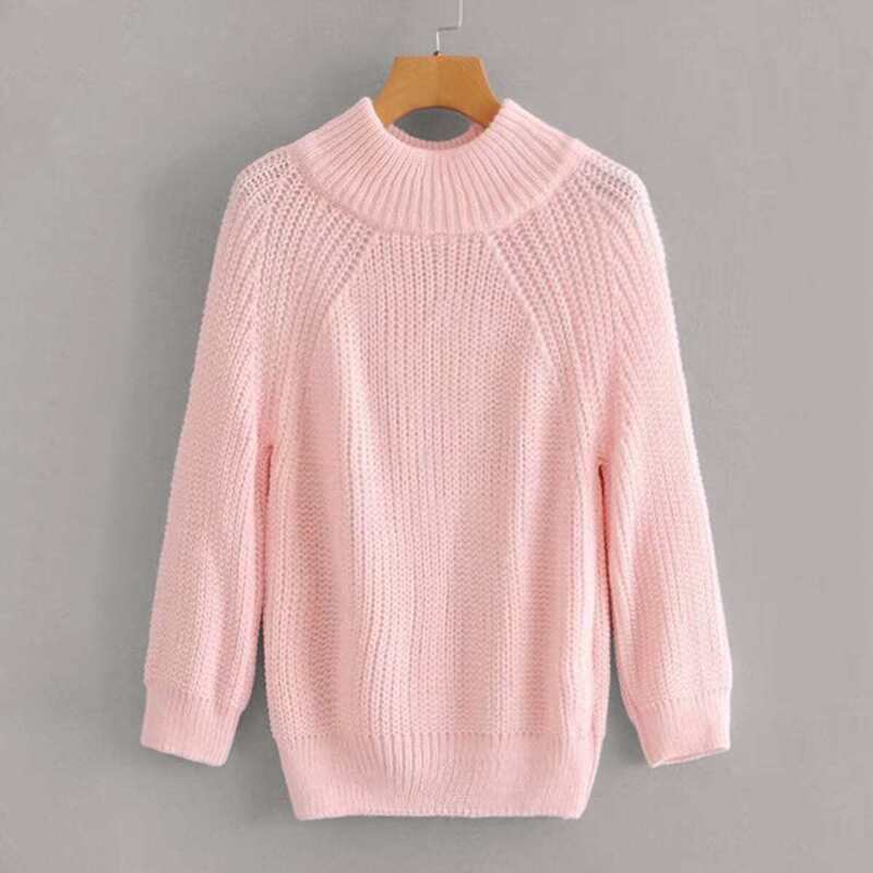 Solid Loose Knit Stand Collar Sweater, Pink