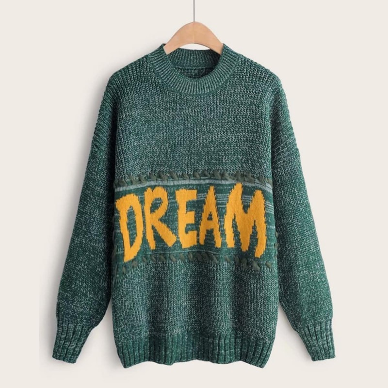

Letter Pattern Drop Shoulder Sweater, Green