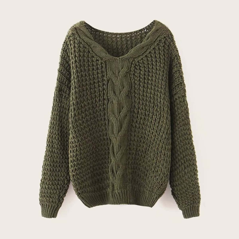 

Cable Knit Drop Shoulder Sweater, Army green