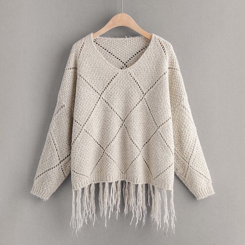 

Hollow Out Fringe Trim Drop Shoulder Sweater, Beige