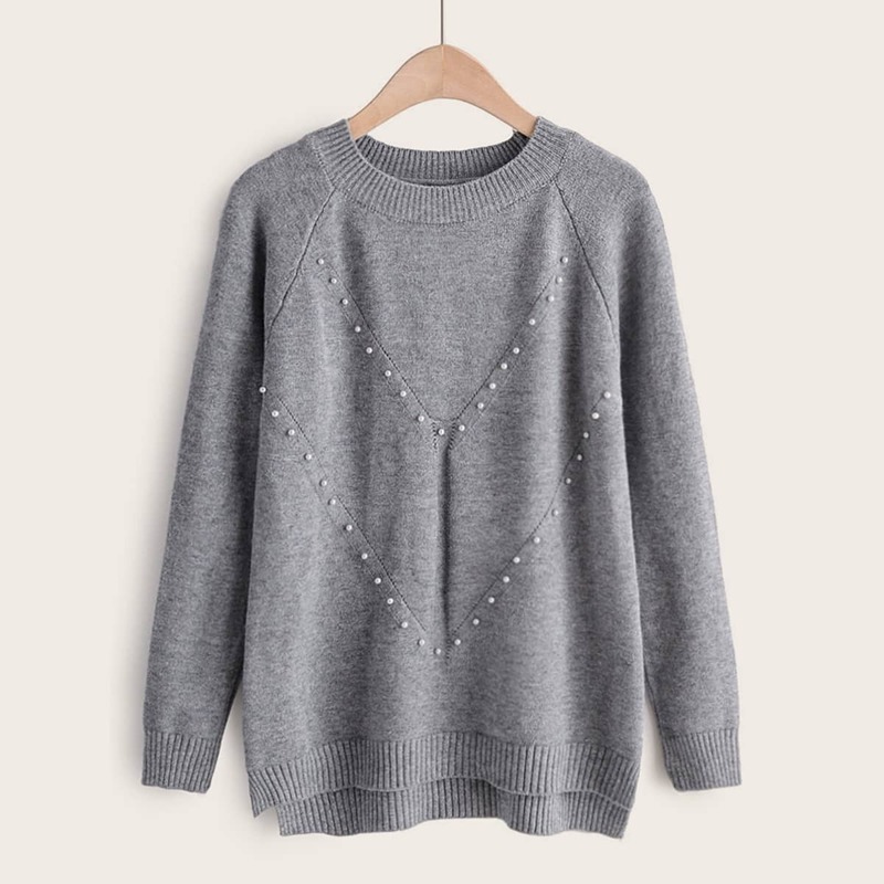 

Beaded Soft Brushed Knit Sweater, Grey